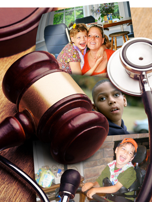 photos of children with cerebral palsy under gavel and stethoscope