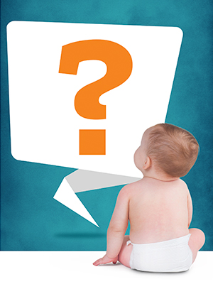 Infant looking up at speech bubble with orange question mark