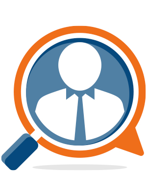 Illustration of a blue magnifying glass enlarging a lawyer icon surrounded by a speech bubble with an orange outline