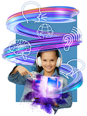 Young girl on blue background holding and pointing to a tablet that shows open doorway, while icons for conversation, a human brain, speaking, listening and the world move around her in a purple swirl