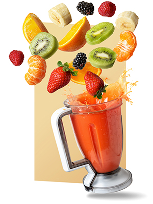 Blender floating in air with fresh fruit leaping out
