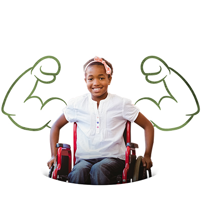Happy young Black girl in wheelchair with illustrated flexing arms in background