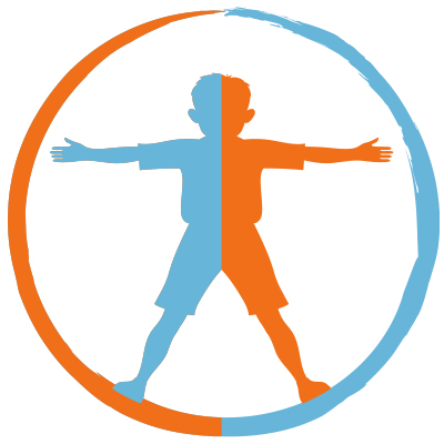 illustration of a child in the style of Vitruvian man, split between orange and blue