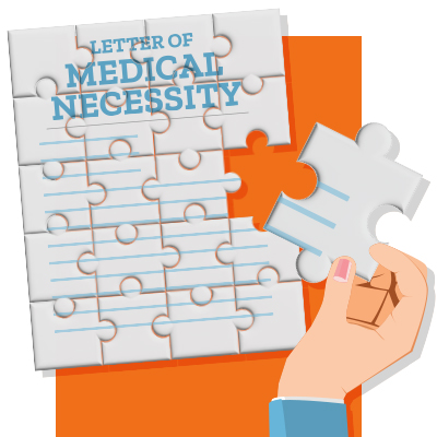Hand completing puzzle that becomes letter of medical necessity, on orange background