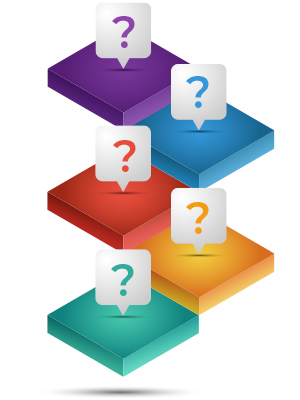 multiple colorful levels, each with colored question mark in speech bubble